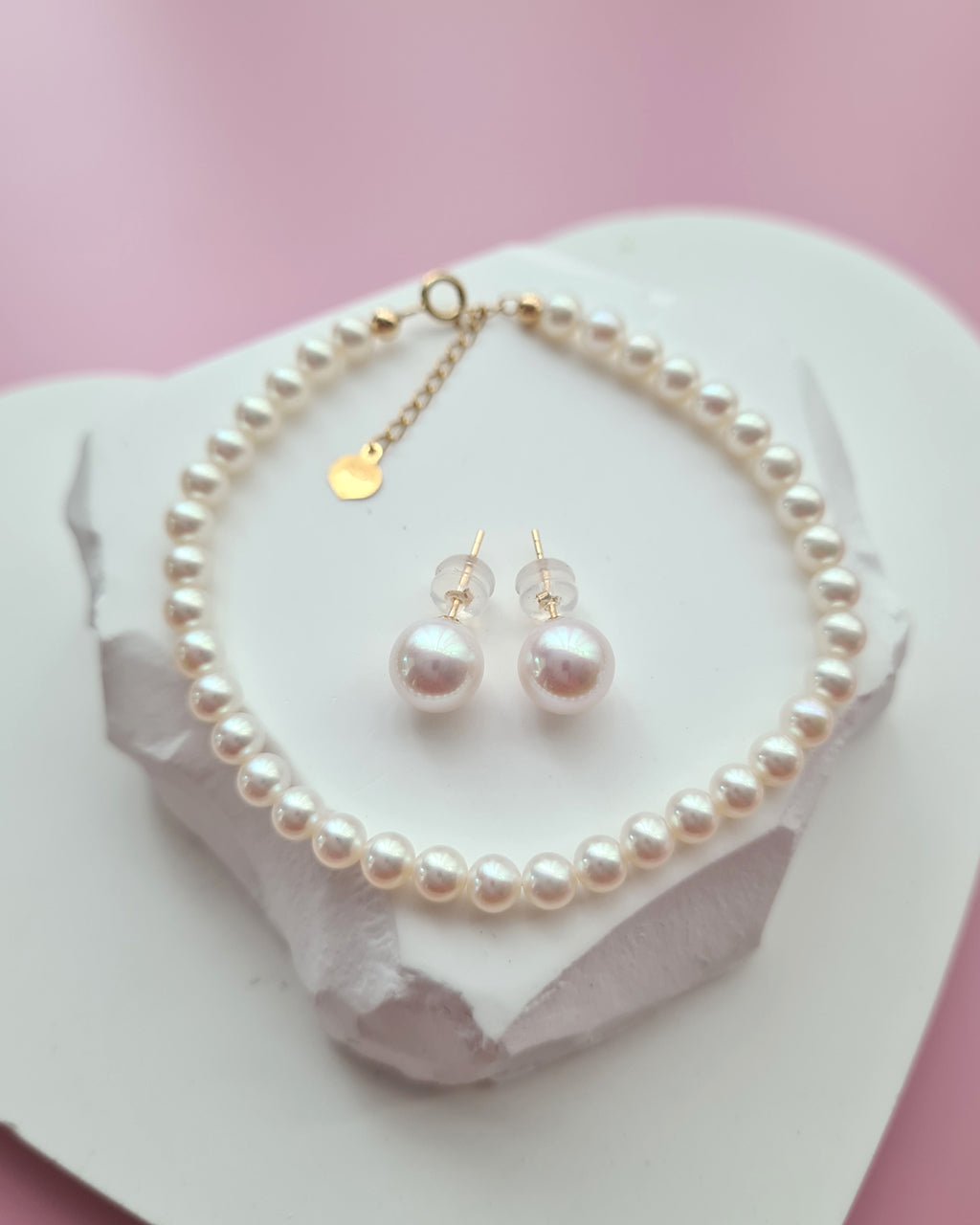 White Akoya Pearl 18K Gold Earrings and Bracelet Jewelry Set Wedding Jewelry for Brides