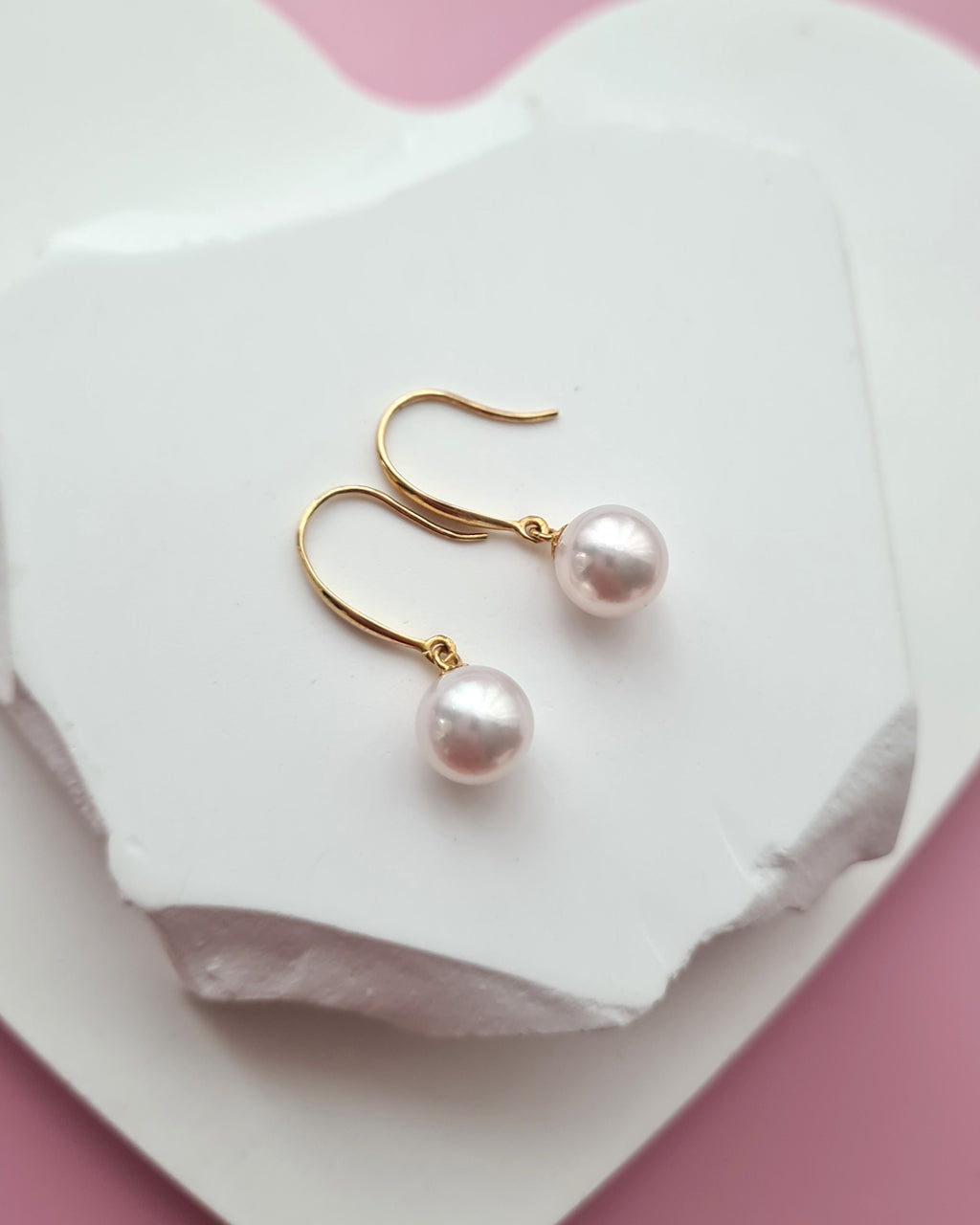 White Akoya Pearl 18K Gold Drop Earrings - 7.5mm to 8mm White Pink Sheen Pearl Jewelry