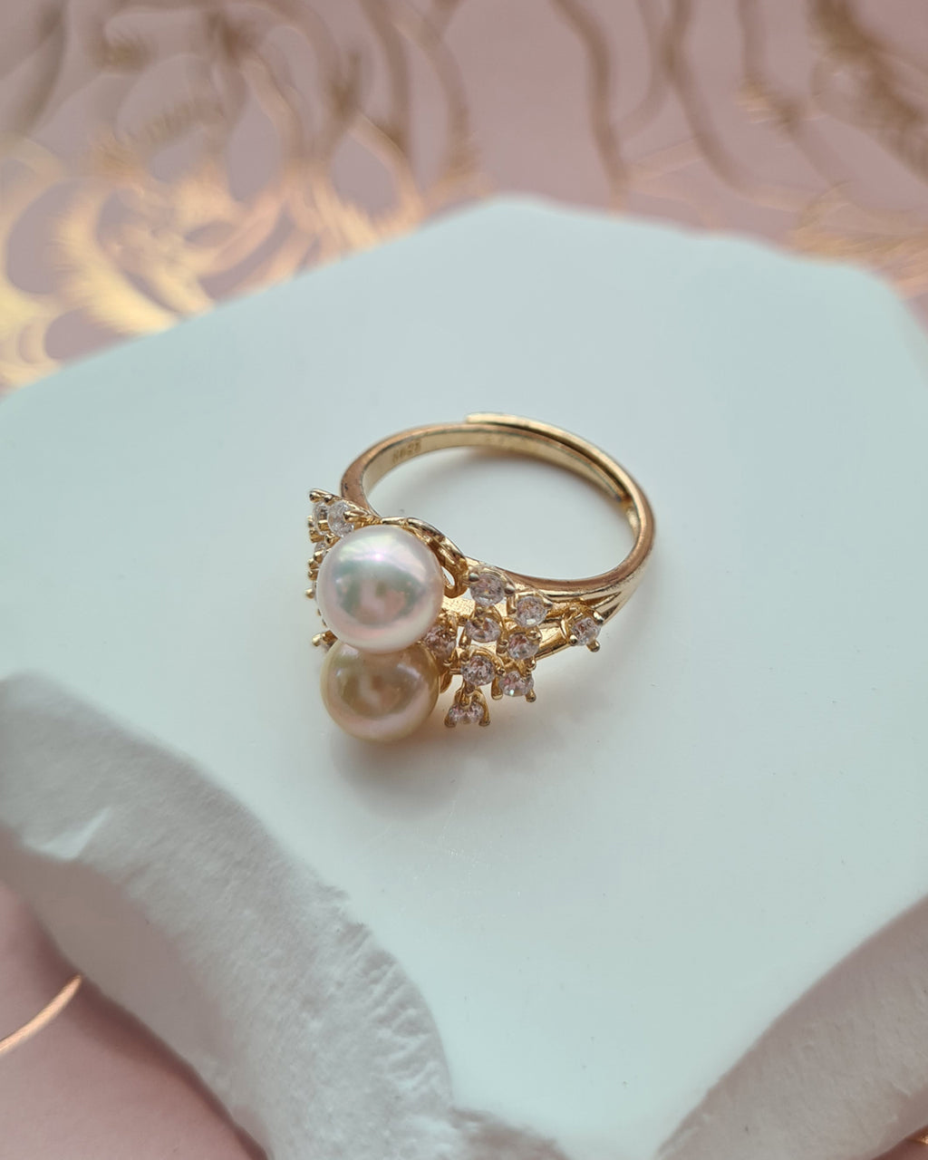 Akoya Pearl Double Pearl Ring - White and Gold Queen Champagne Akoya Pearl