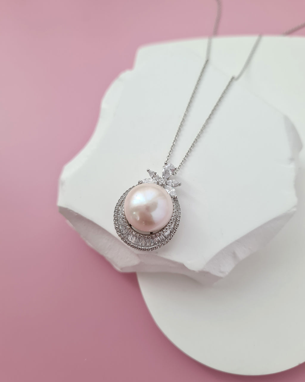 13mm Freshwater Pearl Necklace - Sterling Silver Floral Pendant