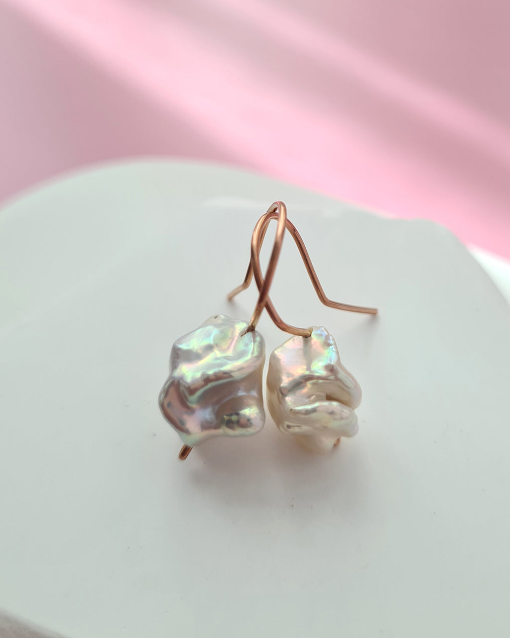 Metallic White Baroque Pearl Earrings - Minimalist in Rose Gold