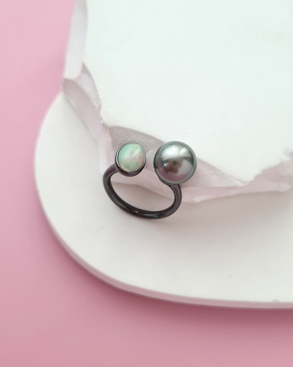 Tahitian Pearl Open Ring in Black with Opal, Pearl Jewelry in Singapore