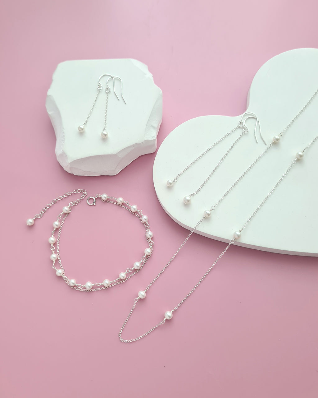 Tiny Pearl Floating Station Necklace Jewelry Set, Bracelet and Earrings, Timeless Pearl in Singapore