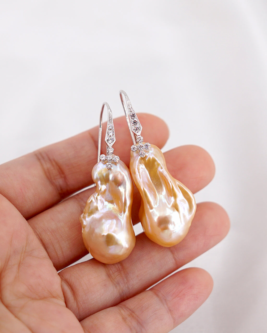 Fresh Water Baroque Pearl Gold Earrings, Flame Ball Pearl Earrings for Wedding, White Pearl Gold Earrings, Anniversary Gifts, Se156